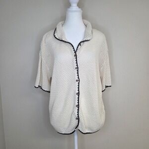 Sand Cloud Open Knit Cardigan Cream Black Trim Wood Buttons Coastal S/M